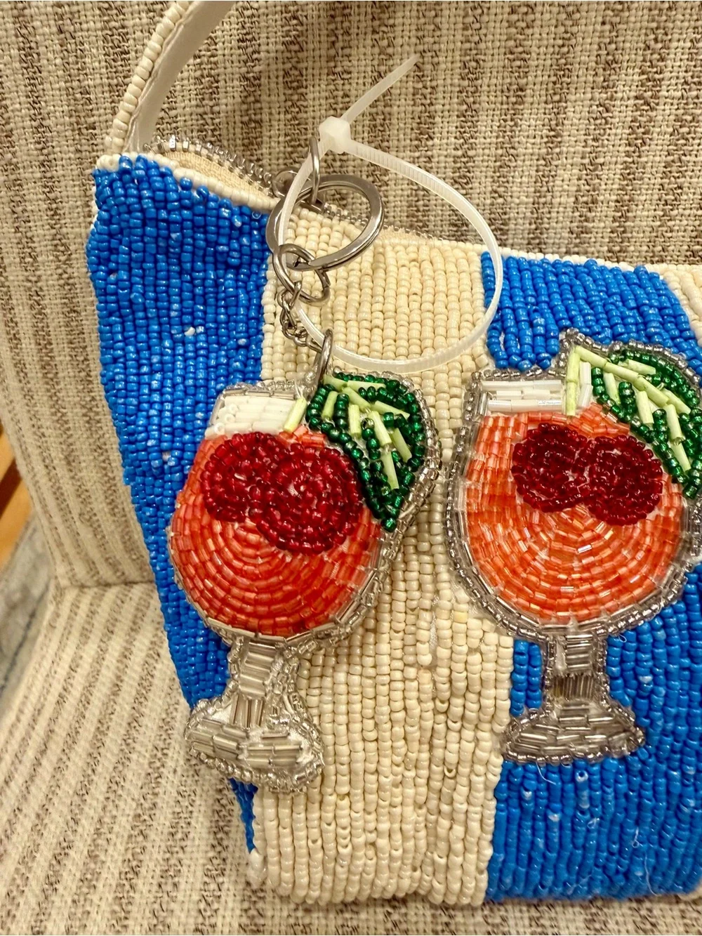 Viral Cocktail Drinks Beaded Shoulder Bag, Blue & White Stripe Made In India NWT